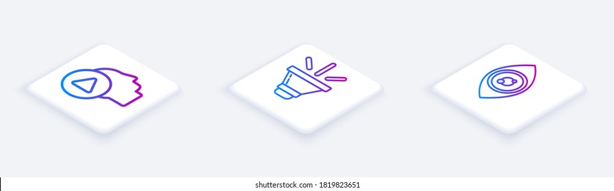 Set Isometric line Head people with play button, Speaker volume and Eye. White square button. Vector