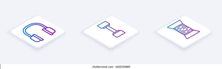 Set Isometric line Headphones, Dumbbell and Sewing thread on spool. White square button. Vector