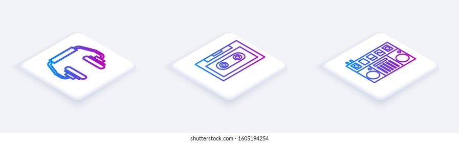 Set Isometric line Headphones, Retro audio cassette tape and DJ remote for playing and mixing music. White square button. Vector