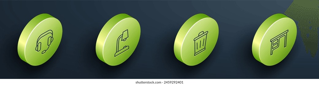 Set Isometric line Headphones, Table lamp, Trash can and Office desk icon. Vector