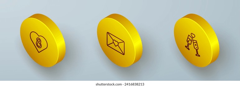 Coloca la línea isométrica Corazón con el ícono 8 de marzo, Sobre y Vidrio de champán. Vector