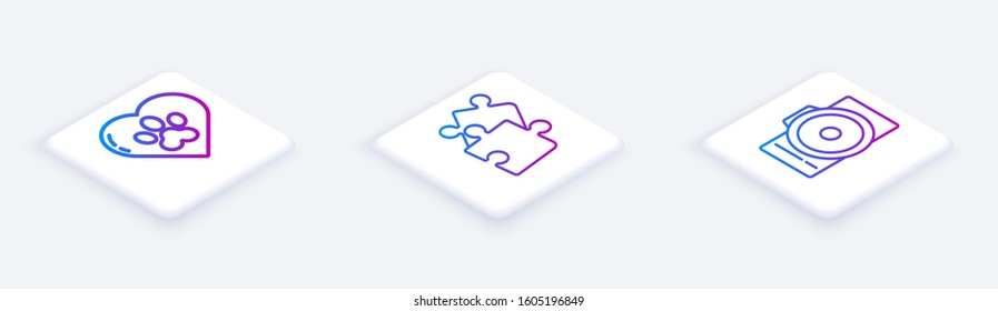 Set Isometric line Heart with animals footprint, Piece of puzzle and Photo camera. White square button. Vector