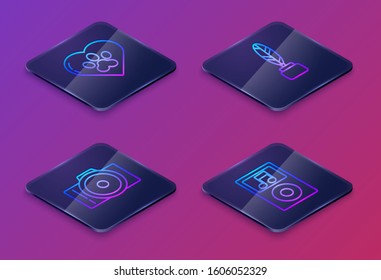Set Isometric line Heart with animals footprint, Photo camera, Feather and inkwell and Music player. Blue square button. Vector