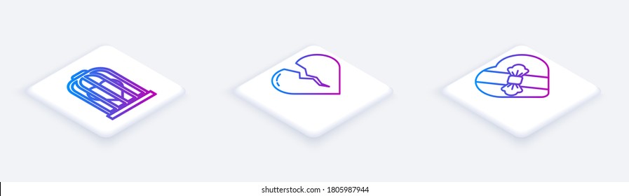 Set Isometric line Heart in the bird cage, Broken heart or divorce and Candy in heart shaped box. White square button. Vector