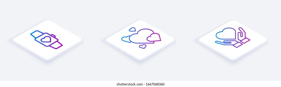 Set Isometric line Heart in the center wrist watch, Heart and Heart on hand. White square button. Vector