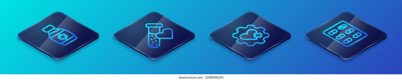 Conjunto de línea isométrica Corazón con cruz, botella de jarabe de medicina, paquete de ampollas de píldoras e icono de sangre de tubo de ensayo. Vector