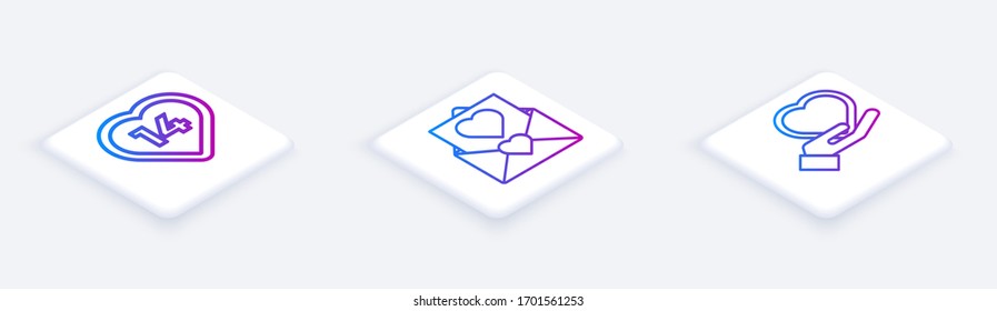 Coloque la línea isométrica Corazón, sobre con corazón y corazón de San Valentín a mano. Botón cuadrado blanco. Vector