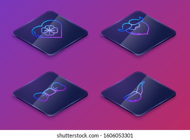 Set Isometric line Heart with four leaf clover, Bow tie, Mustache and beard and Smoking pipe. Blue square button. Vector