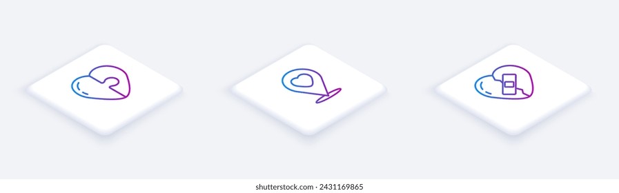 Conjunto de línea isométrica Corazón, Ubicación con corazón y Curado roto. Botón cuadrado blanco. Vector