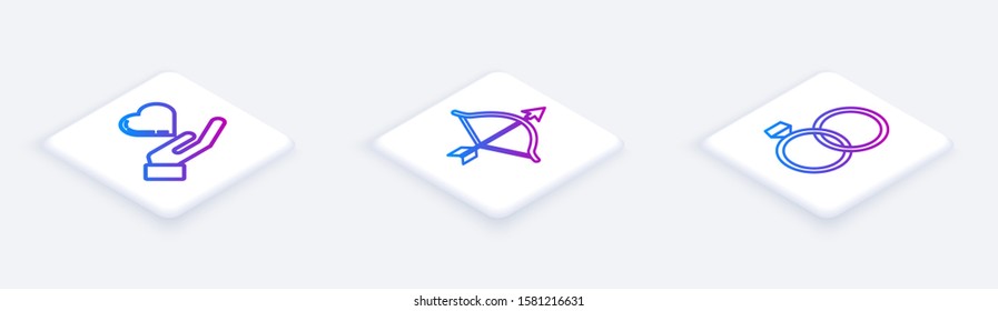 Set Isometric line Heart on hand, Bow and arrow and Wedding rings. White square button. Vector