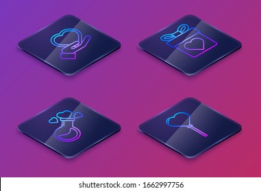 Set Isometric line Heart on hand, Bottle with love potion, Gift box with heart and Balloons in form of heart. Blue square button. Vector