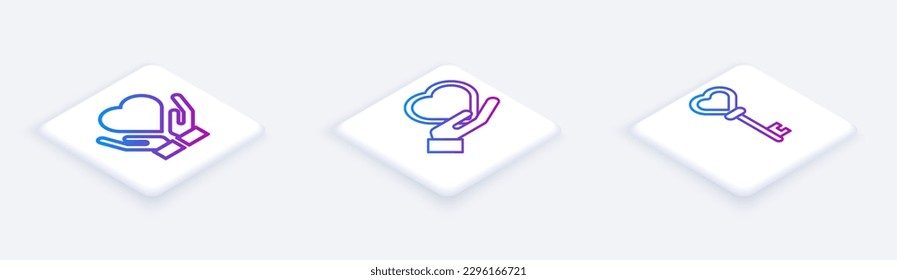 Set Isometric line Heart on hand, Heart on hand and Key in heart shape. White square button. Vector