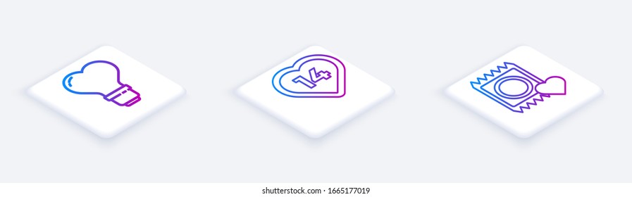 Fije la línea isométrica Forma del corazón en una bombilla, corazón y condón en el envase. Botón cuadrado blanco. Vector