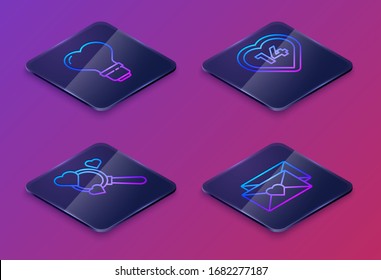 Set Isometric line Heart shape in a light bulb, Search heart and love, Heart and Envelope with Valentine heart. Blue square button. Vector