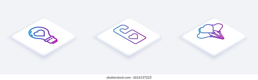 Set Isometric line Heart shape in a light bulb, Please do not disturb with heart and Balloons in form of heart. White square button. Vector