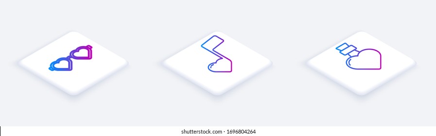 Set Isometric line Heart shaped love glasses, Music note, tone with hearts and Bottle with love potion. White square button. Vector