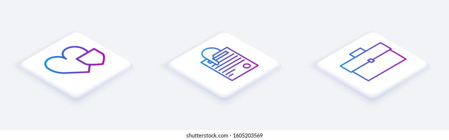 Set Isometric line Heart with shield, File document and paper clip and Briefcase. White square button. Vector