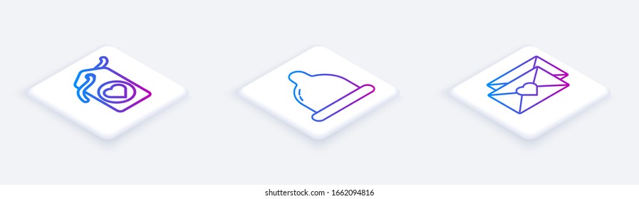 Set Isometrische Linie Heart Tag, Kondom und Umschlag mit Valentinherz. Weißer Quadrat-Knopf. Vektorillustration