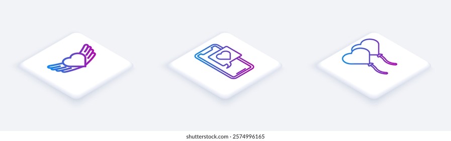 Set Isometric line Heart with wings, Smartphone with heart speech bubble and Balloons in form of heart. White square button. Vector