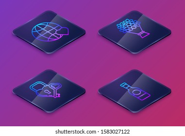 Set Isometric line The heart world love, Castle in the shape of a heart and key, Bouquet of flowers and Champagne bottle. Blue square button. Vector