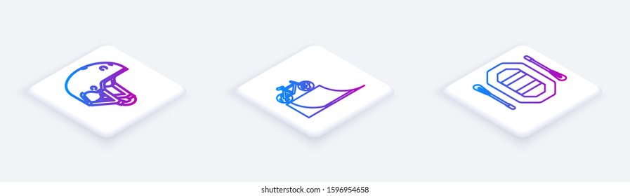 Set Isometric line Helmet, Bicycle on street ramp and Rafting boat. White square button. Vector