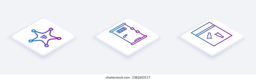 Set Isometric line Hexagram sheriff, Prison cell door and Evidence bag and bullet. White square button. Vector