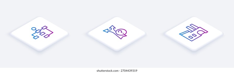 Set Isometric line Hierarchy organogram chart, Arrow and Factory. White square button. Vector