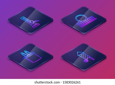 Set Isometric line High striker attraction with big hammer, Magician hat and rabbit ears, Roller coaster and Firework rocket. Blue square button. Vector