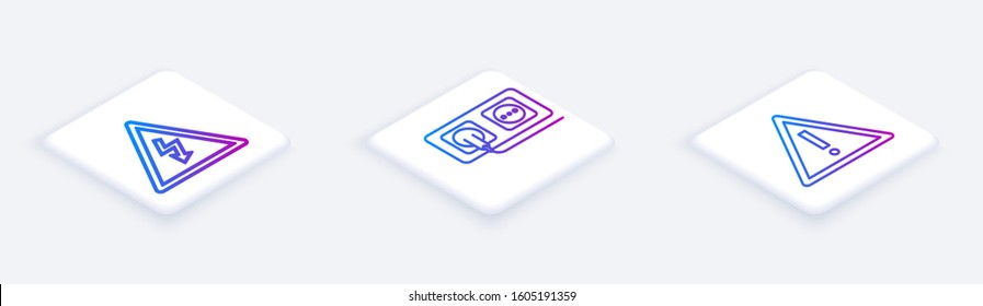 Set Isometric line High voltage sign, Electrical outlet and Exclamation mark in triangle. White square button. Vector