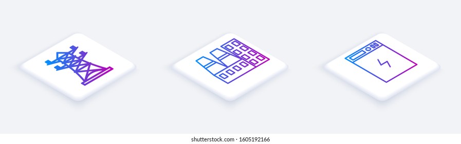 Set Isometric line High voltage power pole line, Power station plant and factory and Power bank. White square button. Vector