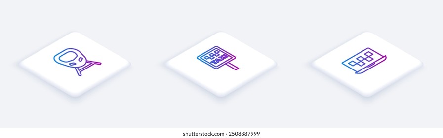 Set Isometric line High-speed train, Road sign for taxi stand and Laptop call service. White square button. Vector