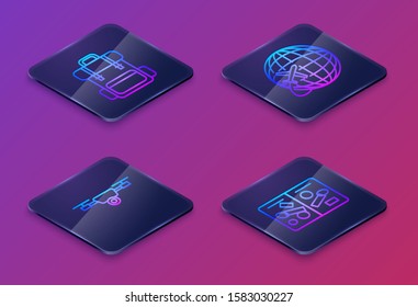 Set Isometric line Hiking backpack, Drone flying with action video camera, Globe with flying plane and Passport pages with visa stamps. Blue square button. Vector
