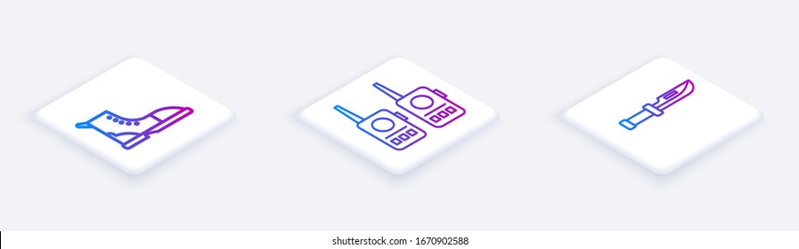 Establecer la línea isométrica de la bota de senderismo, Walkie talkie y Camping cuchillo. Botón cuadrado blanco. Vector