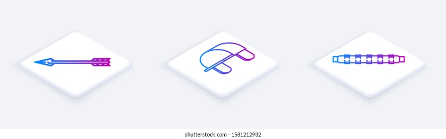 Set Isometric line Hipster arrow, Hunter hat and Hunting cartridge belt with cartridges. White square button. Vector