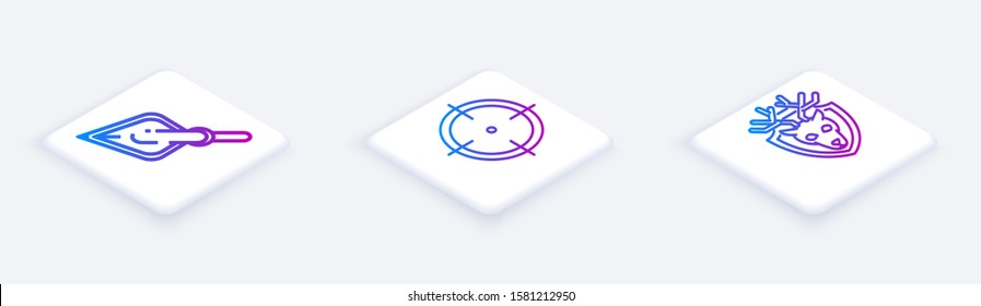 Set Isometric line Hipster arrow tip, Target sport for shooting competition and Deer head with antlers on shield. White square button. Vector