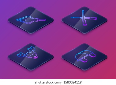 Set Isometric line Hipster arrow tip, Moose head with horns, Two crossed shotguns and Hunter hat. Blue square button. Vector