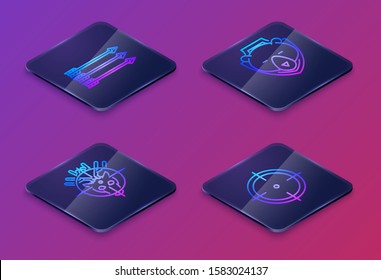 Set Isometric line Hipster arrows, Hunt on deer with crosshairs, Bear head on shield and Target sport for shooting competition. Blue square button. Vector