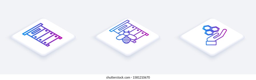 Set Isometric line Hive for bees, Hive for bees and Honeycomb and hand. White square button. Vector