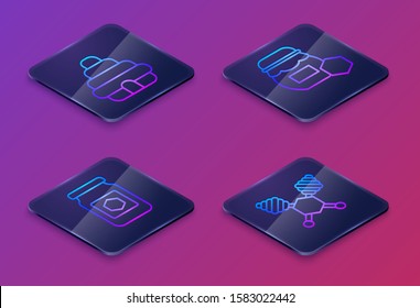 Set Isometric line Hive for bees, Jar of honey, Jar of honey and Honey dipper stick. Blue square button. Vector