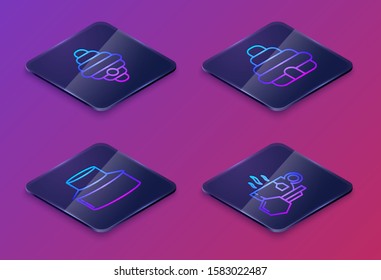 Set Isometric line Hive for bees, Beekeeper with protect hat, Hive for bees and Cup of tea with honey. Blue square button. Vector