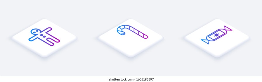 Set Isometric line Holiday gingerbread man cookie, Christmas candy cane with stripes and Candy. White square button. Vector