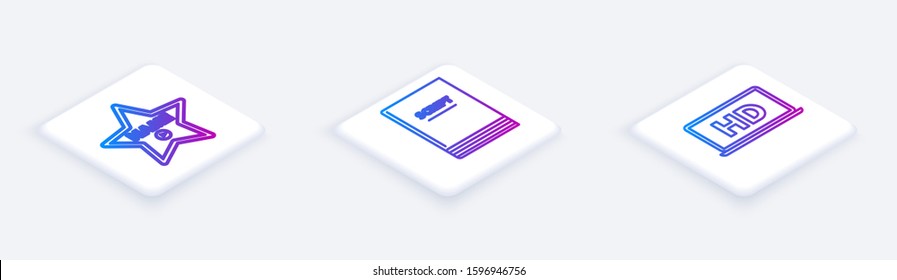 Set Isometric line Hollywood walk of fame star on celebrity boulevard , Scenario  and Laptop screen with HD video technology . White square button. Vector