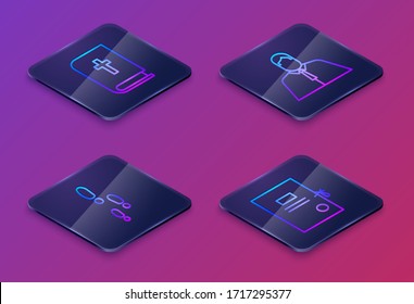Set Isometric line Holy bible book, Footsteps, Lawyer, attorney, jurist and Lawsuit paper. Blue square button. Vector