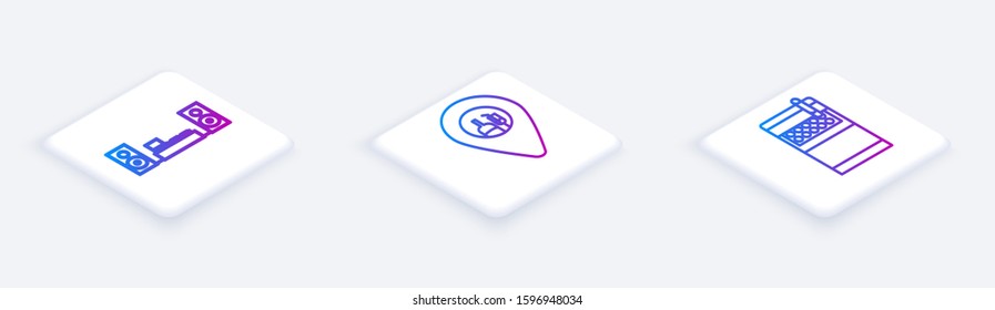 Set Isometric line Home stereo with two speakers , Alcohol or beer bar location  and Open cigarettes pack box . White square button. Vector