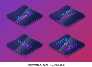 Set Isometric line Home stereo with two speakers , Bottle of wine , Crown  and Vinyl player with a vinyl disk . Blue square button. Vector