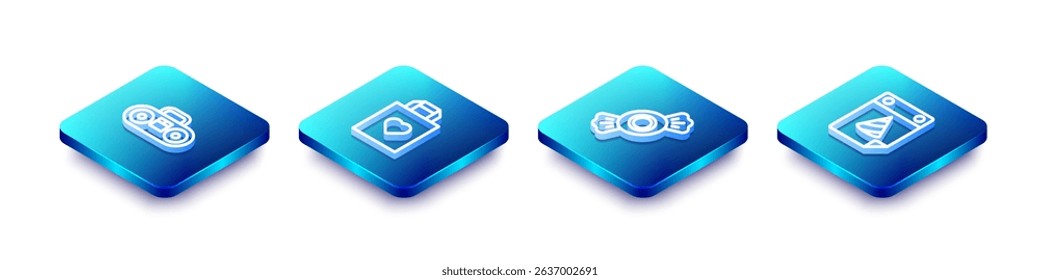Set Isometric line Home stereo with two speakers, Shopping bag heart, Candy and Calendar party icon. Vector
