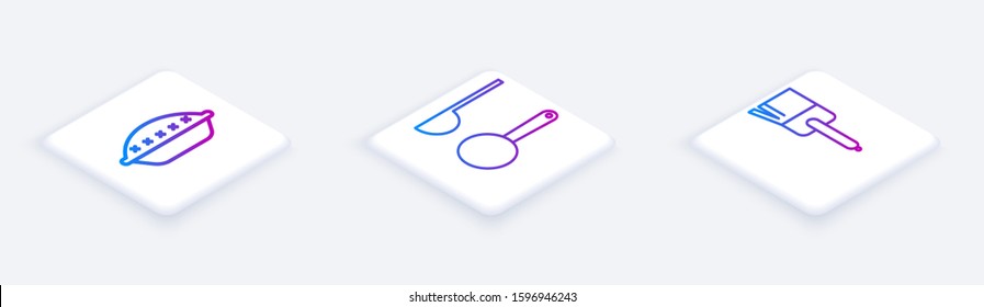 Set Isometric line Homemade pie , Measuring spoon  and Kitchen brush . White square button. Vector