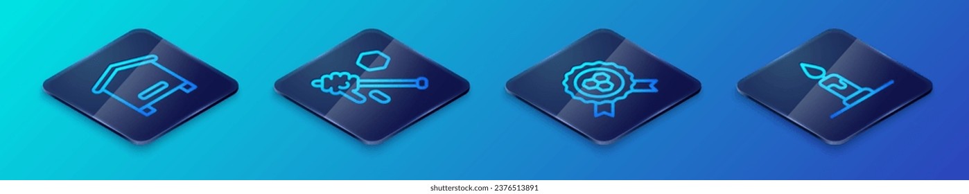 Set Isometric line Honey award, Hive for bees, Burning candle and dipper stick icon. Vector