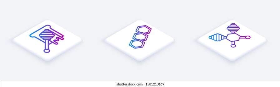 Set Isometric line Honey dipper stick with dripping honey, Honeycomb and Honey dipper stick. White square button. Vector
