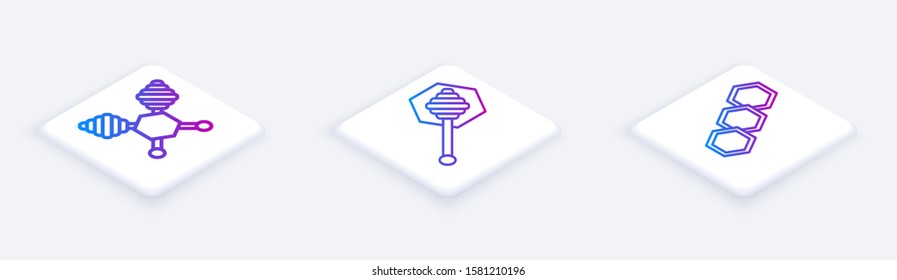 Set Isometric line Honey dipper stick, Honey dipper stick and Honeycomb. White square button. Vector